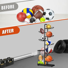 7-Tier Ball Sports Equipment Storage Rack Adjustable Garage Sports Equipment Organizer Basketball Racks for Ball Storage Rack Basketball Storage Ball Holder with 7 Hanging Rods Bottom Shelf & Side Bin