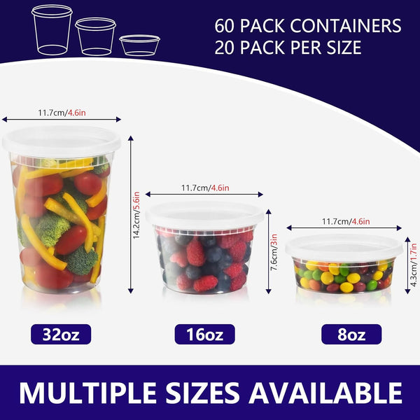 60-Set Combo Deli Containers with Airtight Lids (8oz, 16oz, 32oz) - BPA-Free, Leakproof, Stackable, Microwave, Dishwasher & Freezer Safe - Good for Meal Prep, Portion Control, and Food Storage