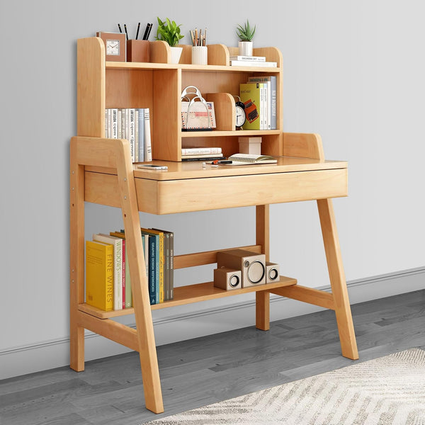 Kids Table with Drawer & Bookshelf - Solid Rubber Wood Desk for Kids, Height Adjustable, School Desk for Kids, Spacious Storage Ergonomic Design, Kids Desk Suitable for All Ages, Easy Assembly, 80cm