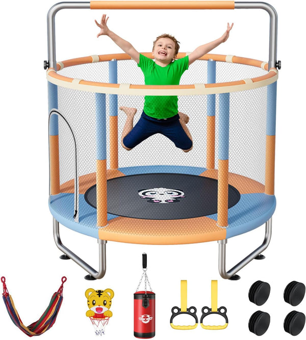 55" Trampoline for Kid Indoor & Outdoor Kids Trampoline Anti-Rollover Round Bottom with Safety Enclosure Net,Gym Rings,Basketball Hoop, Jumping Mat and T-handrail Adjustable,Toddler Trampoline