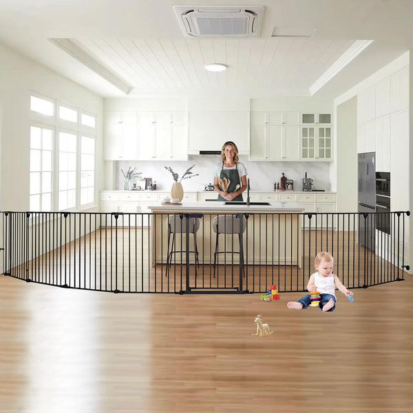 198''(505cm) - Extra Wide Baby Gate with Door,Foldable Fireplace Fence,Extra Long Baby Gate Playpen with 19" Walk-Through Door, Adjustable and Configurable Pet Gate for Babies,Pets, Black, 8 Panels