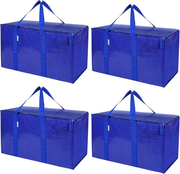 4-Pack Blue Extra Large Moving Bags with Strong Zippers and Reinforced Handles, Large Duty Storage Bags For Clothes Storage Bags Waterproof Heavy-Duty Storage Totes for Packing Organizing, 69x35x38cm