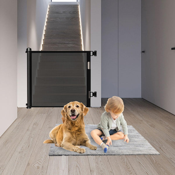 Retractable Baby Gate for Stairs, 33"Tall Expands 59"Wide Ideal Safety Solution Dog Gate for Stairs Doorways Hallways Indoor/Outdoor Baby Gate Mesh Baby Gate Retractable Screen Door(Black,86CMx150CM)