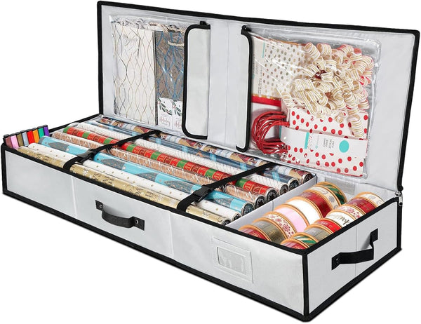 Large Wrapping Paper Storage Boxfor christmas wrapping paper holder Fits Up to 24 Rolls Durable 600D Oxford Fabric with Extra Pockets for Accessories Christmas Wrapping Paper Storage Containers,Grey