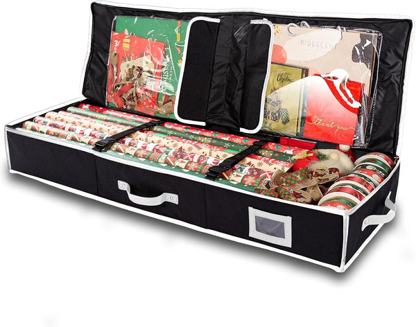 Gift Wrapping Paper Storage Organizer Storage Containers, Fits 18-24 Rolls, Underbed Storage with Extra Pockets for Wrapping Paper Holder for Christmas Gift Wrap and Holiday Decorations, Black