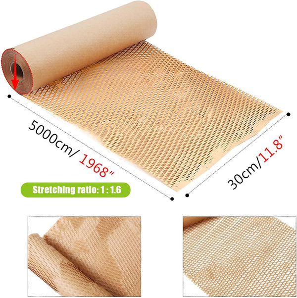 Biodegradable Honeycomb Packing Paper Bubble Wrap Alternative for Secure Moving Shipping Made of Recyclable Packing Materials for Moving Supplies for Dishes and Glasses, Brown, 11.8x1968", 30CMx50M