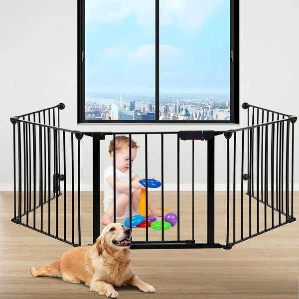 128"(325cm) - Wide Baby Gate Playpen for Toddlers and Pets Configurable Safety Fence with Walk-Through Door Adjustable for Large Openings Baby Gate Extra Wide Fireplace Baby Proofing,Black,5 Panels