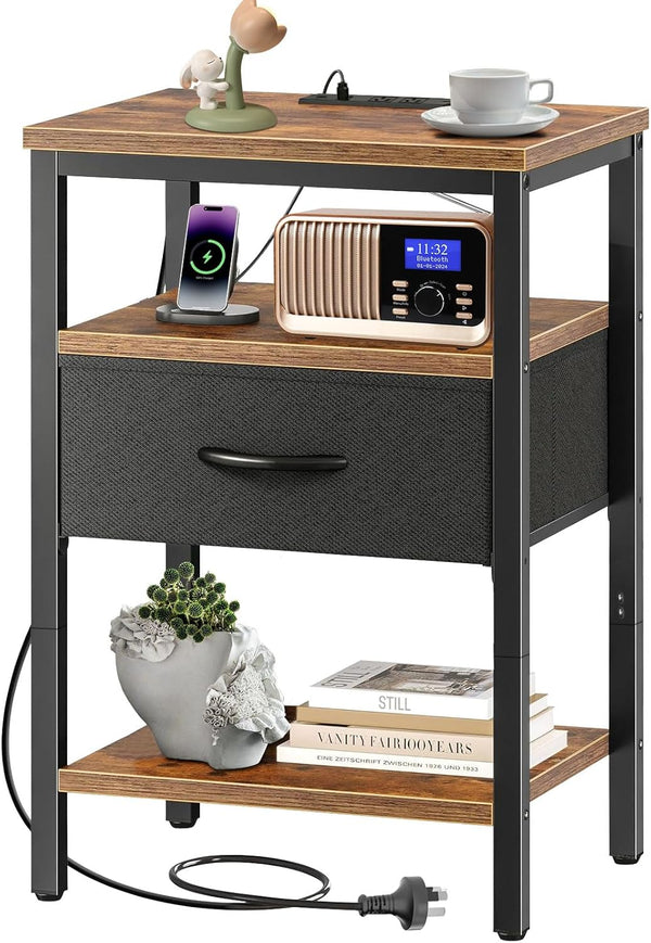 Night Stand with Charging Station, 3-Tier Storage Nightstand with Fabric Drawer,End Tables Bedroom Bedside Table with Charging Station for Bedroom, Dorm, Living Room - Easy Assembly, Sturdy Design