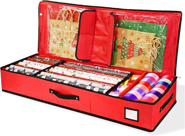 Wrapping Paper Storage Bag, 40" Heavy-Duty 600D Oxford Fabric Wrapping Paper Organizer with Adjustable Partitions and Clear Pockets for Holiday Accessories and Ribbons,Red