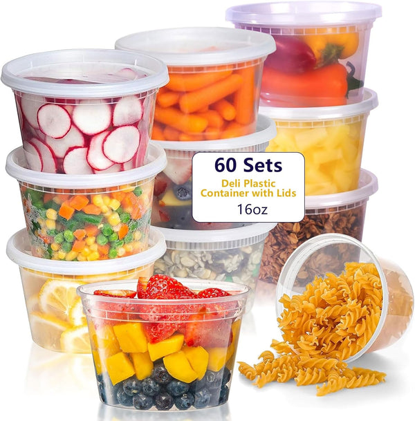 60 Set 16 oz Plastic Containers with Lids 16 oz Deli Containers with Lids - Clear, Stackable, and Leakproof - BPA-Free Plastic, Microwave and Freezer Safe - Suit for Meal Prep, Soup, and Leftovers