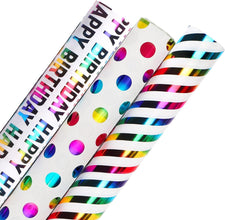 Happy Birthday Wrapping Paper Roll Colorful Gift Wrapping Paper Mini Roll with Iridescent Stripes Printed Paper for Christmas Birthday Present Gift Wrapping Paper Rolls - 43x300cm/17