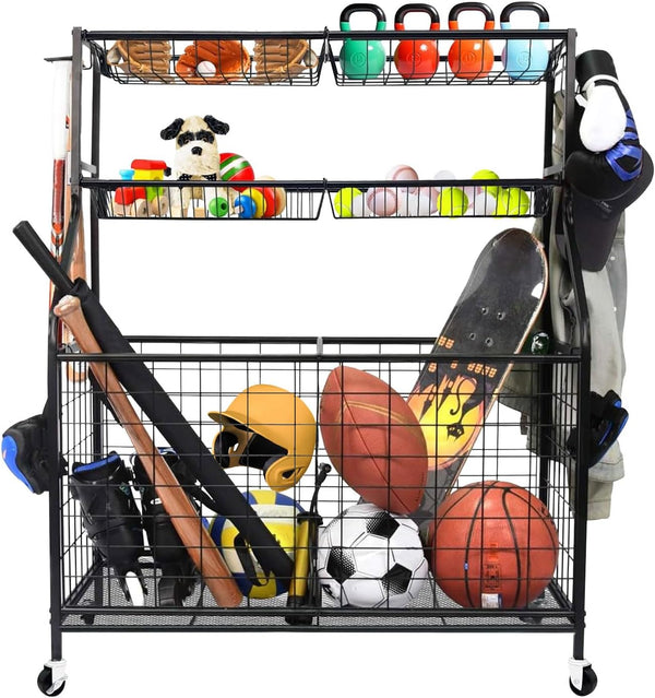 Garage Sports Equipment Organizer Garage Ball Storage Rack for Sports Gear and Toys Outdoor Toy Storage Sports Organizer for Garage Organization with Baskets Hooks and Rolling for Garage School Gym