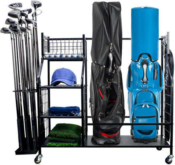 Golf Storage Organizer Golf Bag Storage Stand Golf Bag Organizer Garage Sport Equipment Storage Rack with Wheels Golf Equipment Rack with 4 Removable Hooks Large Capacity for Golf Storage Accessories