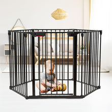 151.6''(385cm) - Freestanding Fireplace Baby Gate with Door, Extra Wide Adjustable Pet Gate for Stairs Foldable Baby Play Yard for Living Rooms, Hardware Mounted Child Safety Gate, Black, 6 Panels