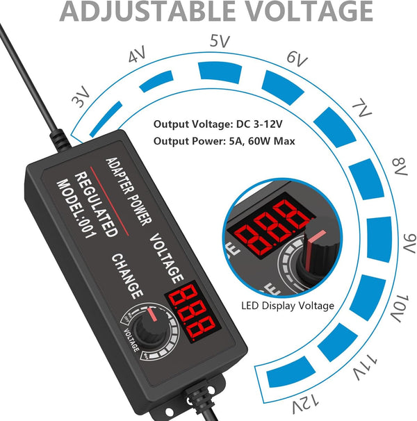 60W Universal Power Supply Adjustable 3-12V 5A 60W Universal Power Adapter DC 3V 4.5V 5V 6V 7.5V 9V 12V Variable Universal DC Adapter 100V~240V AC to DC Variable Power Converter with 14 Adaptor Tips