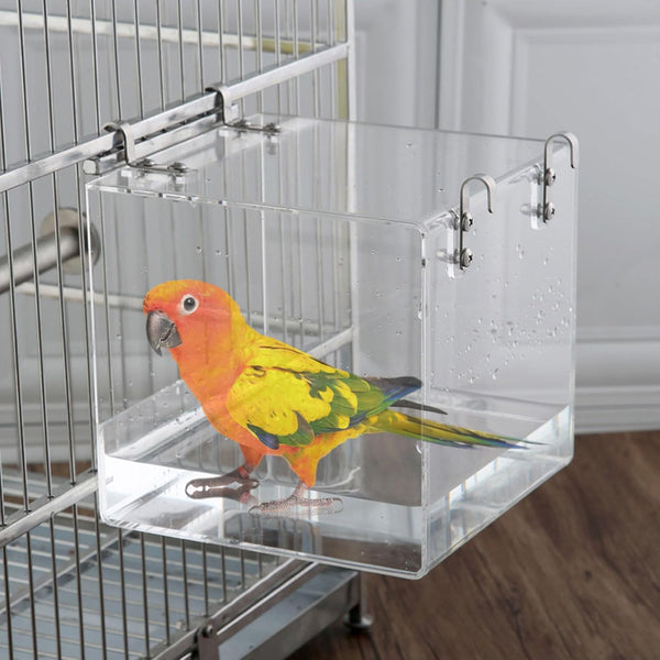 Upgraded Acrylic Bird Bathtub with No-Leak Design Large Bird Bath for Cage Parrot Bath Box Bird Bathtub Shower Bath for Cockatiels Wall Mount Bird Bath for Cage Set Bird Bathing Pool, 21x21x21cm