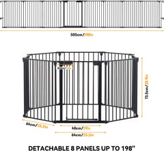 198''(505cm) - Extra Wide Baby Gate with Door,Foldable Fireplace Fence,Extra Long Baby Gate Playpen with 19