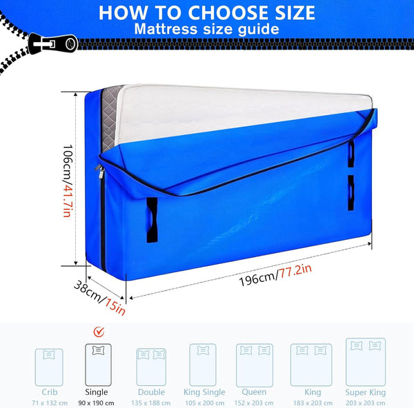 Single Mattress Bags For Moving Mattress Protector Bag Single Size Waterproof Mattress Cover For Moving With Heavy Duty Handles Strong Zipper Single Mattress Bag For Disposal, Single Size,196x106x38cm