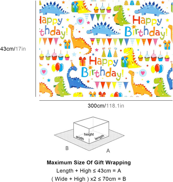 Dinosaur Wrapping Paper Birthday Boy - 3 Rolls Happy Birthday Gift Wrapping Paper Craft for Kids - Boys Dinosaur Gift Wrap Paper Set for Dinosaur Party Favor, Baby Shower, 43x300cm/17"X118" Per Roll