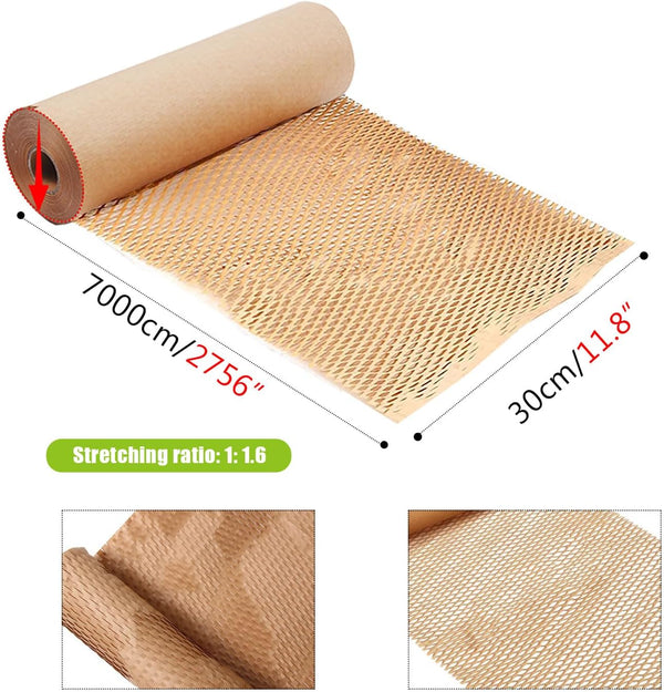 Honeycomb Packing Paper Roll Recyclable & Biodegradable Bubble Wrap Alternative with 30 Fragile Stickers for Secure & Moving Paper Large Bubble Wrap for Packing,Brown,11.8"x2756",30CMx70M