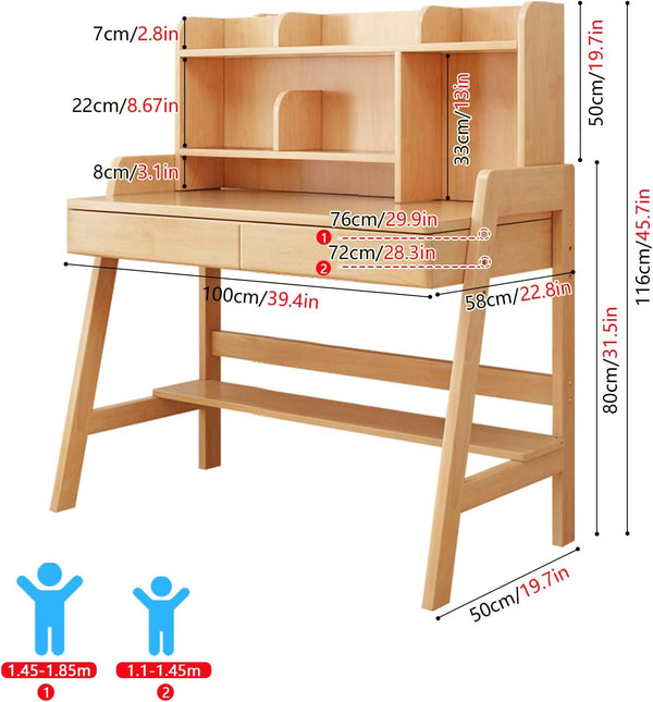 Solid Rubber Wood Kids Desk with Bookshelf and Drawer - Height Adjustable School Desk for Kids, Ergonomic Study Table for Children, Spacious Storage, Kids Study Desk for All Ages, Easy Assembly,100cm