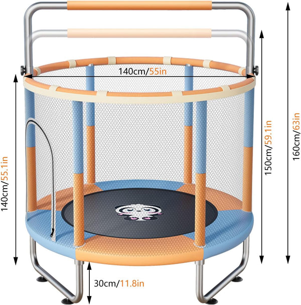 55" Trampoline for Kid Indoor & Outdoor Kids Trampoline Anti-Rollover Round Bottom with Safety Enclosure Net,Gym Rings,Basketball Hoop, Jumping Mat and T-handrail Adjustable,Toddler Trampoline