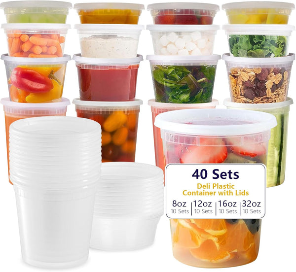 40-Pack Multi-Size Deli Containers with Lids (10 Each: 8 oz, 12 oz, 16 oz, 32 oz) – BPA-Free, Leak-Proof, Microwave, Freezer & Dishwasher Safe – Stackable Plastic Meal Prep and Food Storage Containers