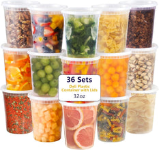 36-Pack 32 oz Plastic Deli Food Containers with Lids plastic soup containers with lids 32 oz plastic deli containers with lids variety pack, Leakproof, BPA-Free, Microwave/Freezer/Dishwasher Safe