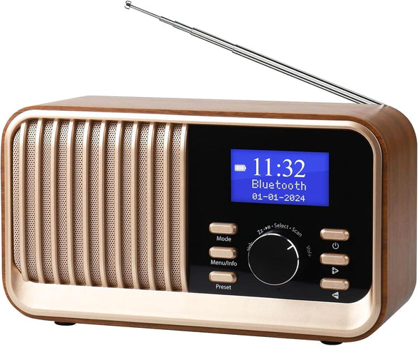 DAB Radio with Bluetooth Speaker Alarm Clock Radio Rechargeable Fm Radio Portable Retro Radio DAB+ Digital Radio with 60 Presets Bluetooth Speaker USB/AUX/MicroSD Card, Vintage Decor, Oak