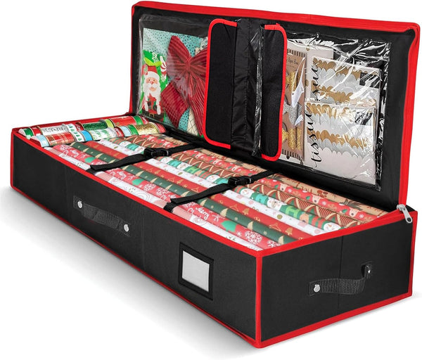Christmas Wrapping Paper Storage Containers, 40" Durable 600D Oxford Fabric Gift Wrap Organizer with Adjustable Partitions and Multiple Pockets for Ribbons, Ornaments, and Holiday Accessories,Black