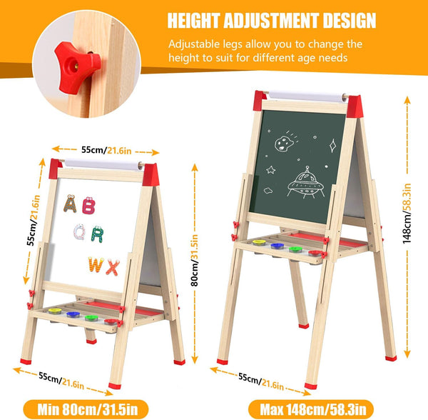 Deluxe Kids Art Easel for Kids 3-8 Years - 3 in 1 Double-Sided Standing Design with Magnetic Whiteboard, Chalkboard, Dry-Erase Board, Kids Art Easel with Paper Roll & Accessories - Toddler Easel , 55x55cm