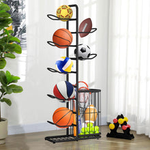 7-Tier Ball Sports Equipment Storage Rack Adjustable Garage Sports Equipment Organizer Basketball Racks for Ball Storage Rack Basketball Storage Ball Holder with 7 Hanging Rods Bottom Shelf & Side Bin