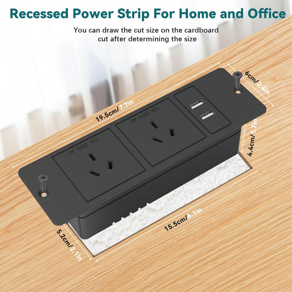 Furniture Recessed Power Strip with 2 USB Ports, 240V 10A, 2400W Max, Flush Mount Power Hub with 1.5m Power Cord, Recessed Outlet for RV Furniture Outlet, Desk, or Kitchen Countertop, AU/NZ Sockets