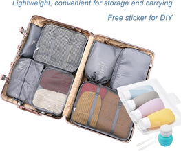 9 Pcs Travel Bottles Set,4pcs 60ML Travel Bottles & Containers,2 Cream Boxes, Waterproof Label,Small Mini Empty Plastic Squeeze Bottles, for Travel Toiletries,Shampoo and Conditioner with Storage Bag
