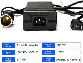 AC to DC Converter AC-100V/240V to DC-12V 10A 120W Car Cigarette Lighter Socket Power Adapter,Used for Automobile Equipment Such as Automobile Vacuum Cleaners, Car Refrigerator and Other Car Devices