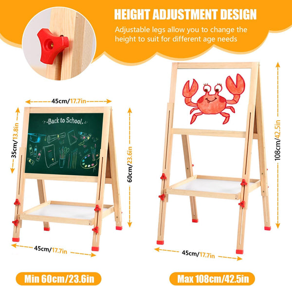 Kids Art Easel for Kids - Adjustable Height from 60cm-108cm, Double-Sided Magnetic Whiteboard & Chalkboard, Solid Wooden Standing Design with Premium Art Supplies for Children Toddler Easel, 45x35cm