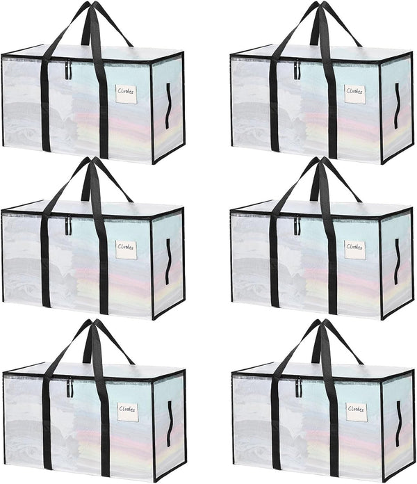 6-Pack Clear Large Moving and Storage Bags with Durable Zippers and Handles, Oversized Waterproof Storage Totes for Clothes and Supplies Heavy-Duty Waterproof Totes for Packing Organizing, 69x35x38cm