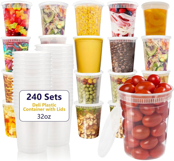 240 Sets 32 oz BPA-Free Plastic Deli Food Storage Containers with Lids Soup Containers with Lids – Airtight, Leakproof, Microwave/Freezer/Dishwasher Safe, Great for Meal Prep, Leftovers, and Takeout