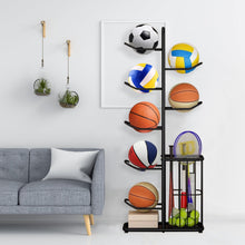 7-Tier Ball Sports Equipment Storage Rack Adjustable Garage Sports Equipment Organizer Basketball Racks for Ball Storage Rack Basketball Storage Ball Holder with 7 Hanging Rods Bottom Shelf & Side Bin