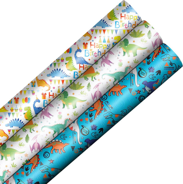 Dinosaur Wrapping Paper Birthday Boy - 3 Rolls Happy Birthday Gift Wrapping Paper Craft for Kids - Boys Dinosaur Gift Wrap Paper Set for Dinosaur Party Favor, Baby Shower, 43x300cm/17"X118" Per Roll