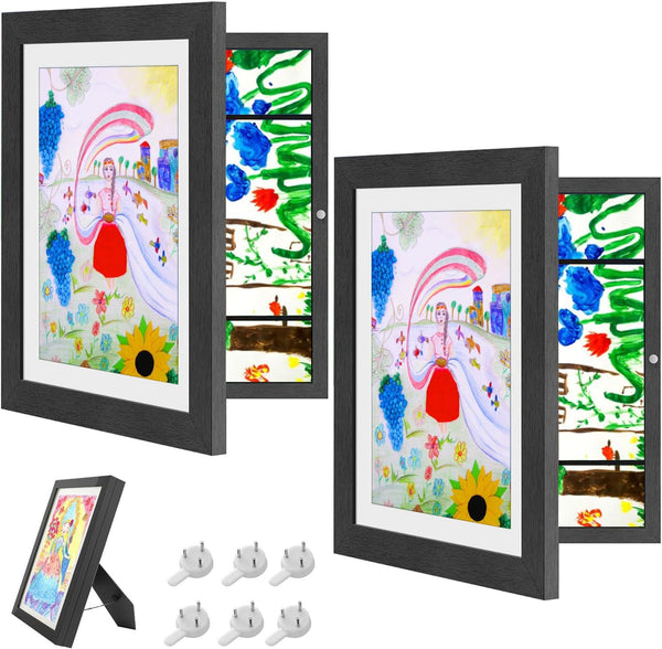 2Pcs Kids Artwork Frames Changeable Holds 100 A4 Artworks Black Frame for Children's Drawings, Certificates, Photos - Versatile Wall & Desk Display with Stand and Magnetic Closure(Black,13 X 9.7inch)