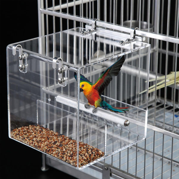 Automatic Parrot Feeder No Mess Bird Cage Seed Feeding Container Box Acrylic Automatic Bird Feeder Bird Cage with Stainless Steel Hooks for Small Birds Like Parakeet,Canary,Cockatiel,Parrot 21x21x21cm