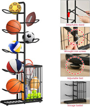 7-Tier Ball Sports Equipment Storage Rack Adjustable Garage Sports Equipment Organizer Basketball Racks for Ball Storage Rack Basketball Storage Ball Holder with 7 Hanging Rods Bottom Shelf & Side Bin