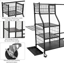 Golf Storage Organizer Golf Bag Storage Stand Golf Bag Organizer Garage Sport Equipment Storage Rack with Wheels Golf Equipment Rack with 4 Removable Hooks Large Capacity for Golf Storage Accessories