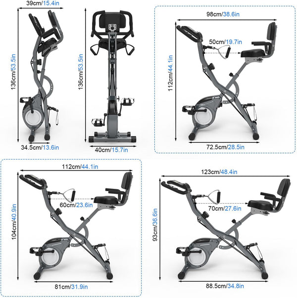 Stationary Exercise Bike for Home Workout Fitness Bike Indoor 5 IN 1 Folding Stationary Bike with Arm Resistance Bands 16-Level Adjustable Magnetic Resistance Cycling Training,LCD Monitor & Heart Rate