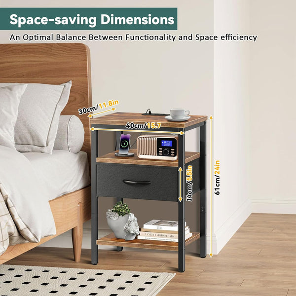 Night Stand with Charging Station, 3-Tier Storage Nightstand with Fabric Drawer,End Tables Bedroom Bedside Table with Charging Station for Bedroom, Dorm, Living Room - Easy Assembly, Sturdy Design