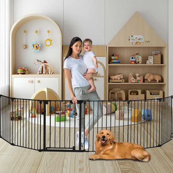 151.6''(385cm) - Freestanding Fireplace Baby Gate with Door, Extra Wide Adjustable Pet Gate for Stairs Foldable Baby Play Yard for Living Rooms, Hardware Mounted Child Safety Gate, Black, 6 Panels