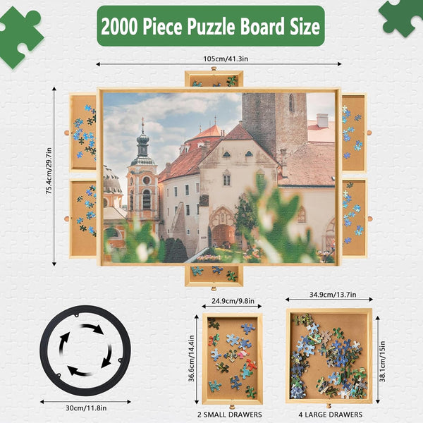 2000 Piece Wooden Puzzle Table with 6 Drawers and Cover, Rotating Jigsaw Puzzle Board Game Table for Adults, Portable Jigsaw Puzzle Table with Protective Cover, Ideal Puzzle Organizer and Storage