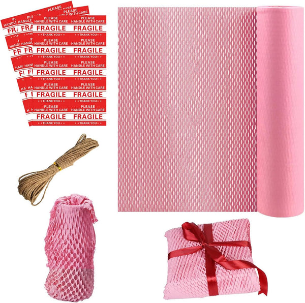 Pink Honeycomb Protective Wrap Roll with Jute Rope & Fragile Labels Recyclable, Non-Abrasive Bubble Wrap for Packing Paper Pink Honeycomb Packing Paper for Moving Supplies, Pink,11.8"x1181", 30CMx 30M