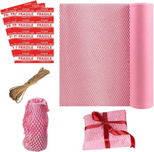 Pink Honeycomb Packing Paper Roll with Jute Twine & Fragile Stickers,Packing Paper Bubble Wrap for Packing Material Recyclable Cushioning Wrap for Moving and Shipping, Pink,14.9